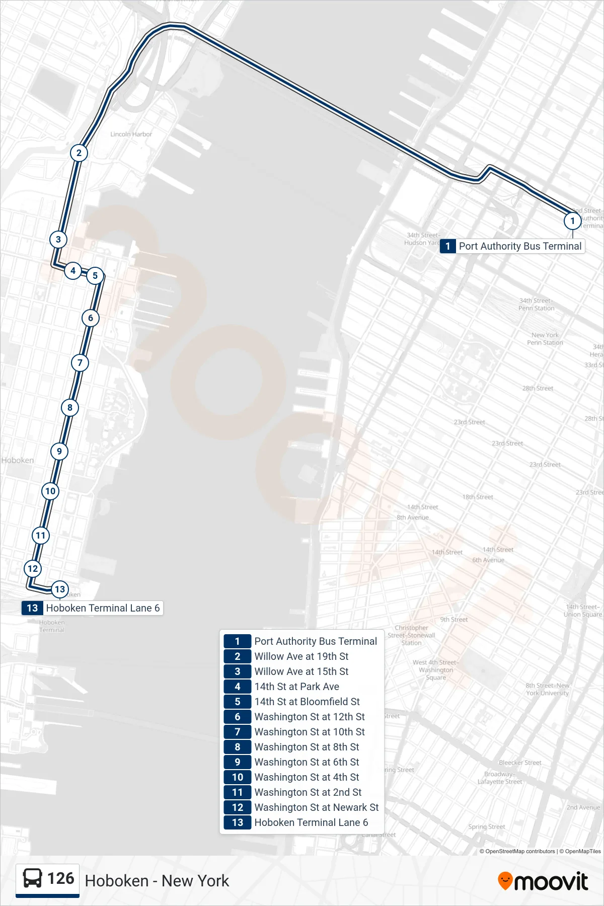 126 bus Line (Hoboken-Path) route and stops on a map