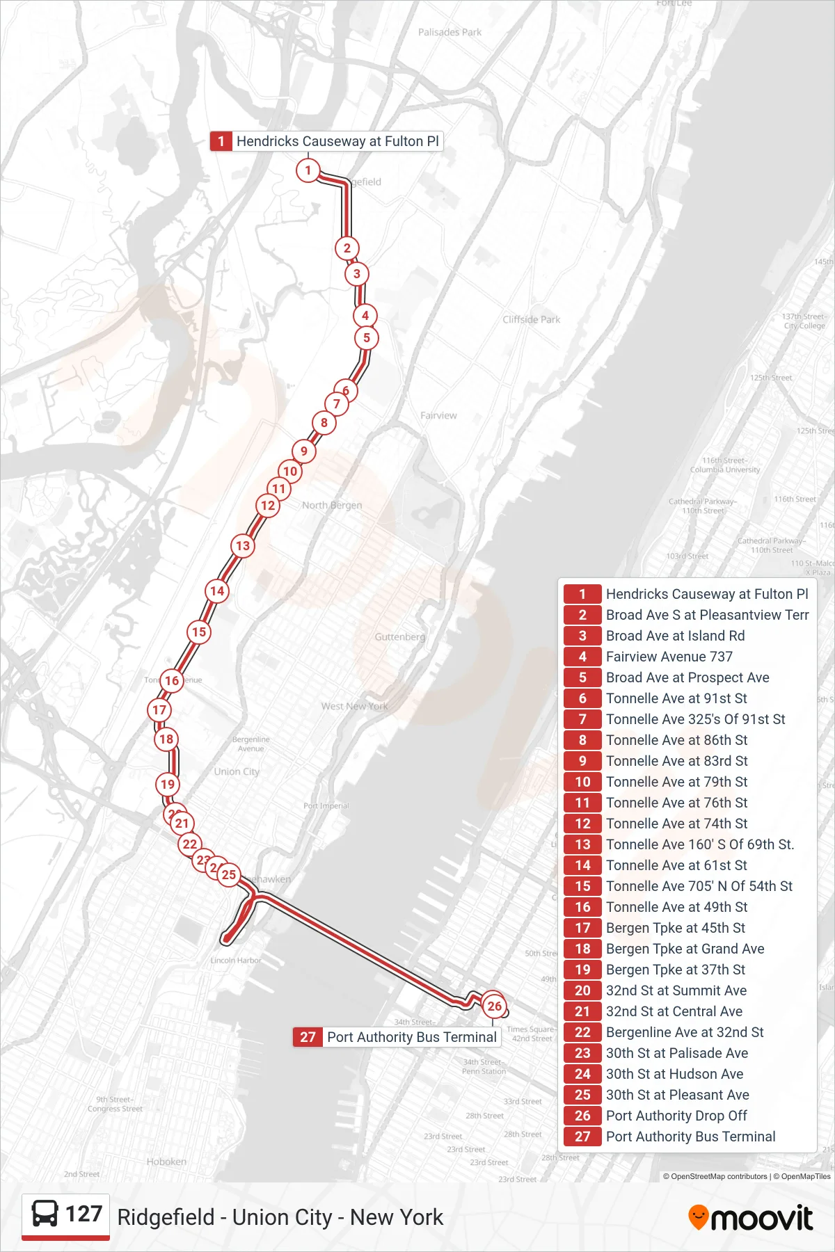 127 bus Line (New York) route and stops on a map