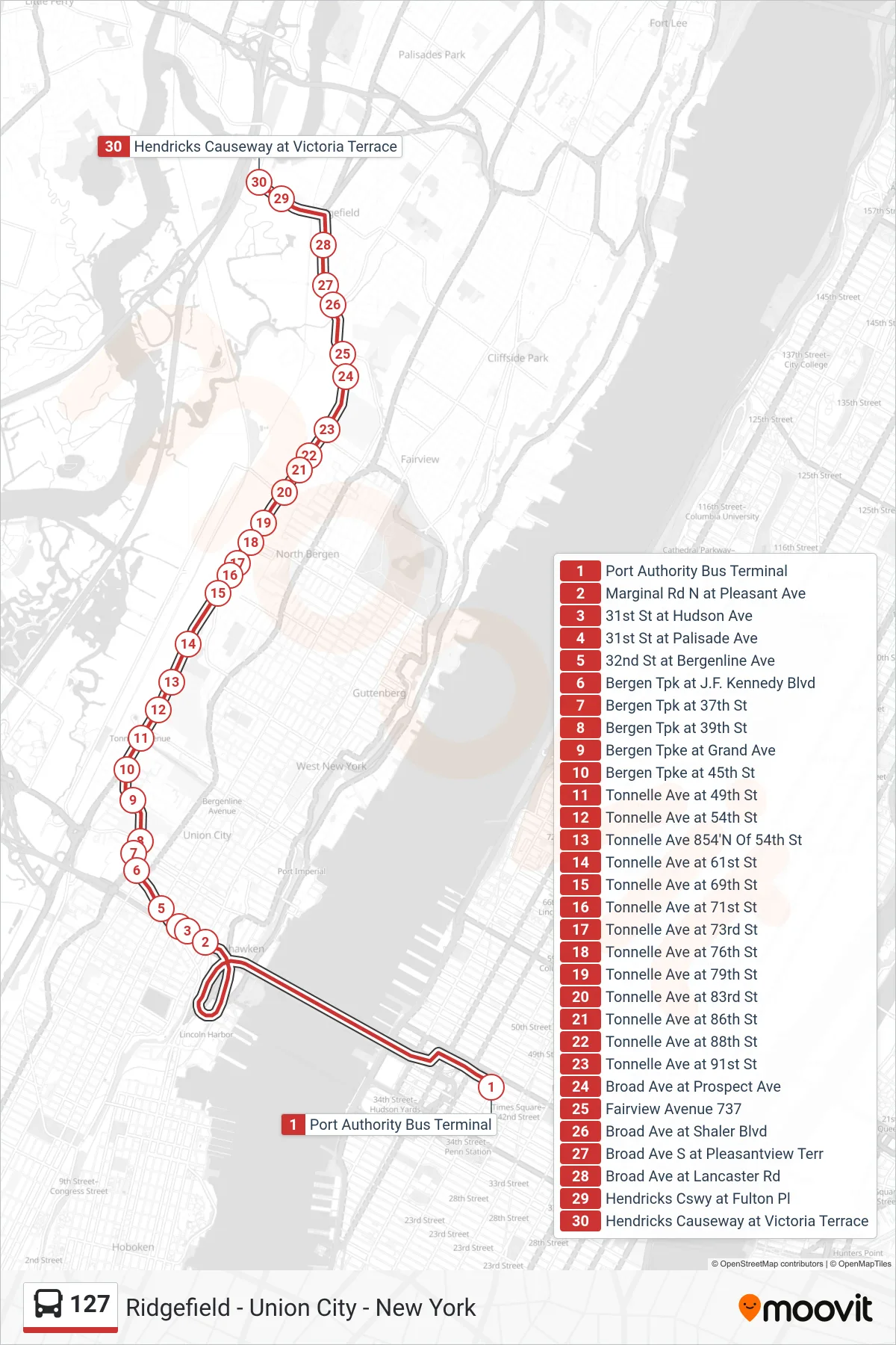127 bus Line (Ridgefield Victoria Ter) route and stops on a map