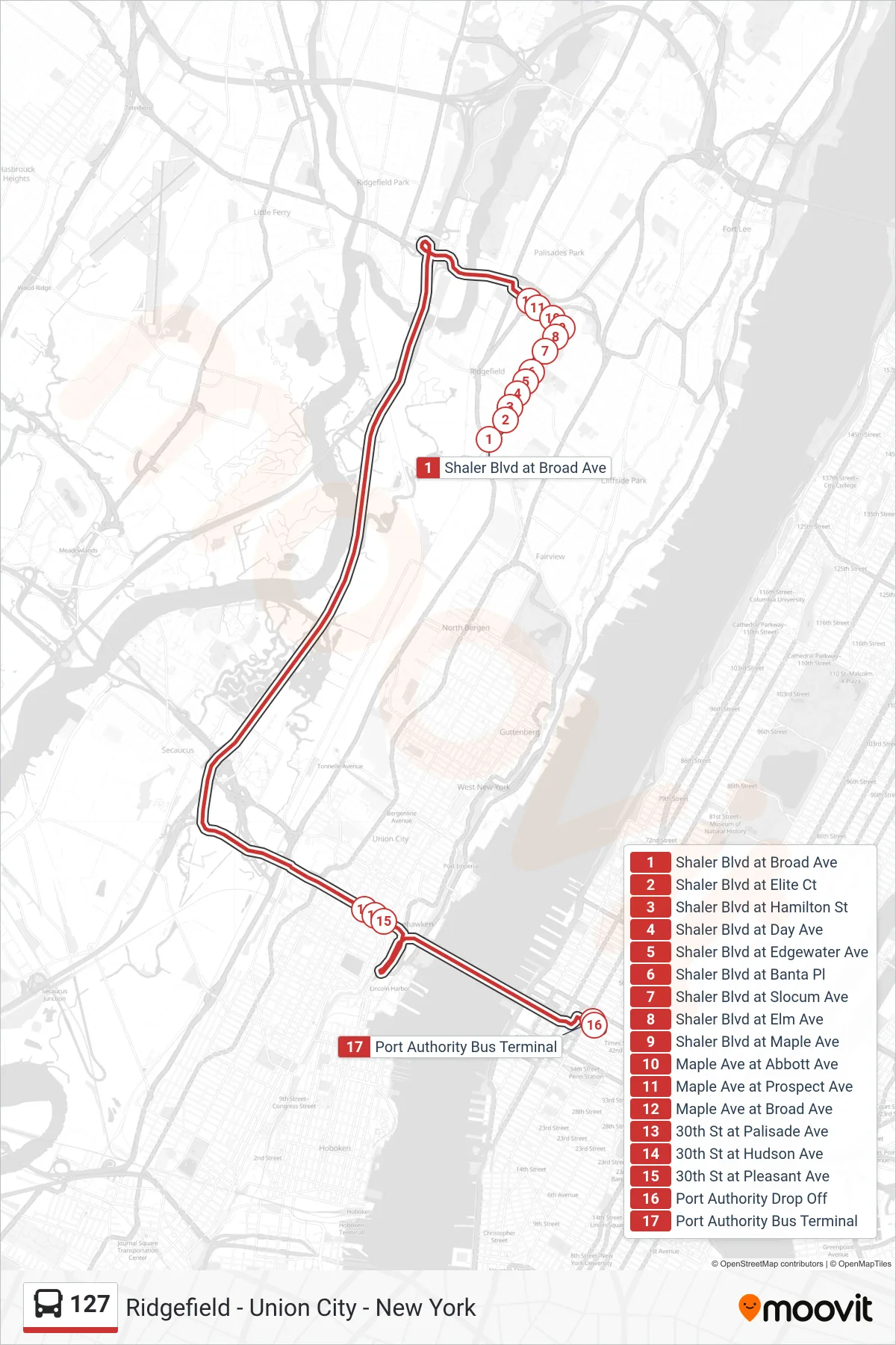 127 bus Line (X New York Express) route and stops on a map