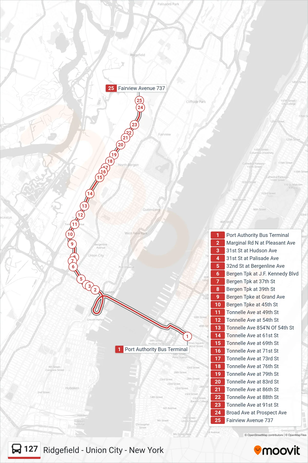 127 bus Line (Fairview) route and stops on a map