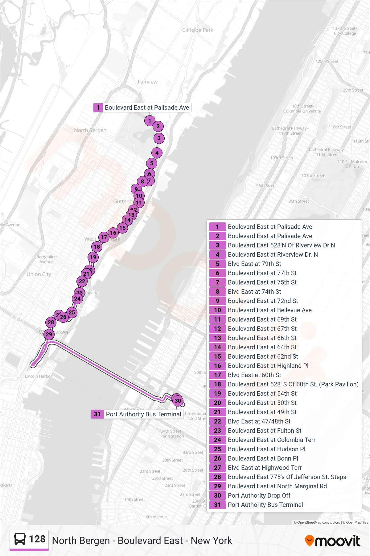 128 bus Line (New York) route and stops on a map