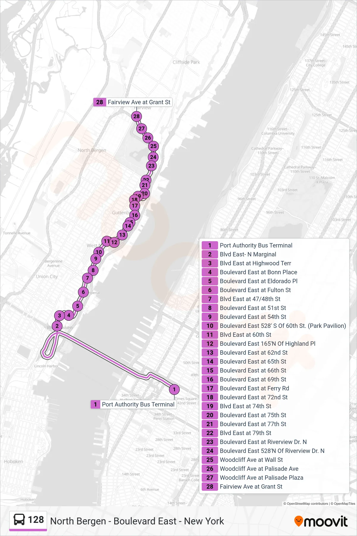128 bus Line (North Bergen Via Blvd East) route and stops on a map