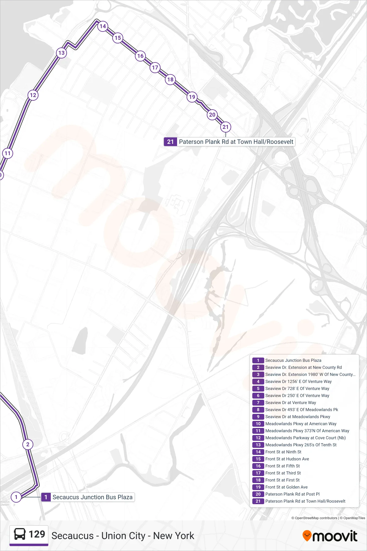 129 bus Line (Secaucus Plaza) route and stops on a map