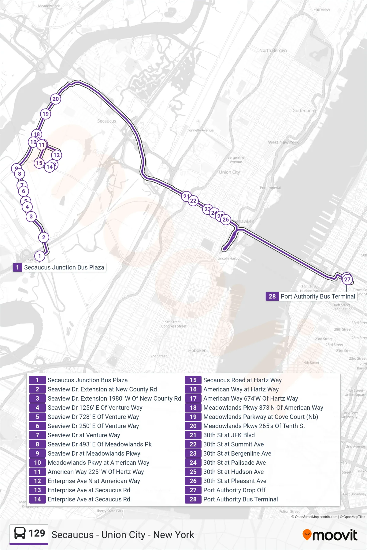 129 bus Line (New York  Via Union City) route and stops on a map