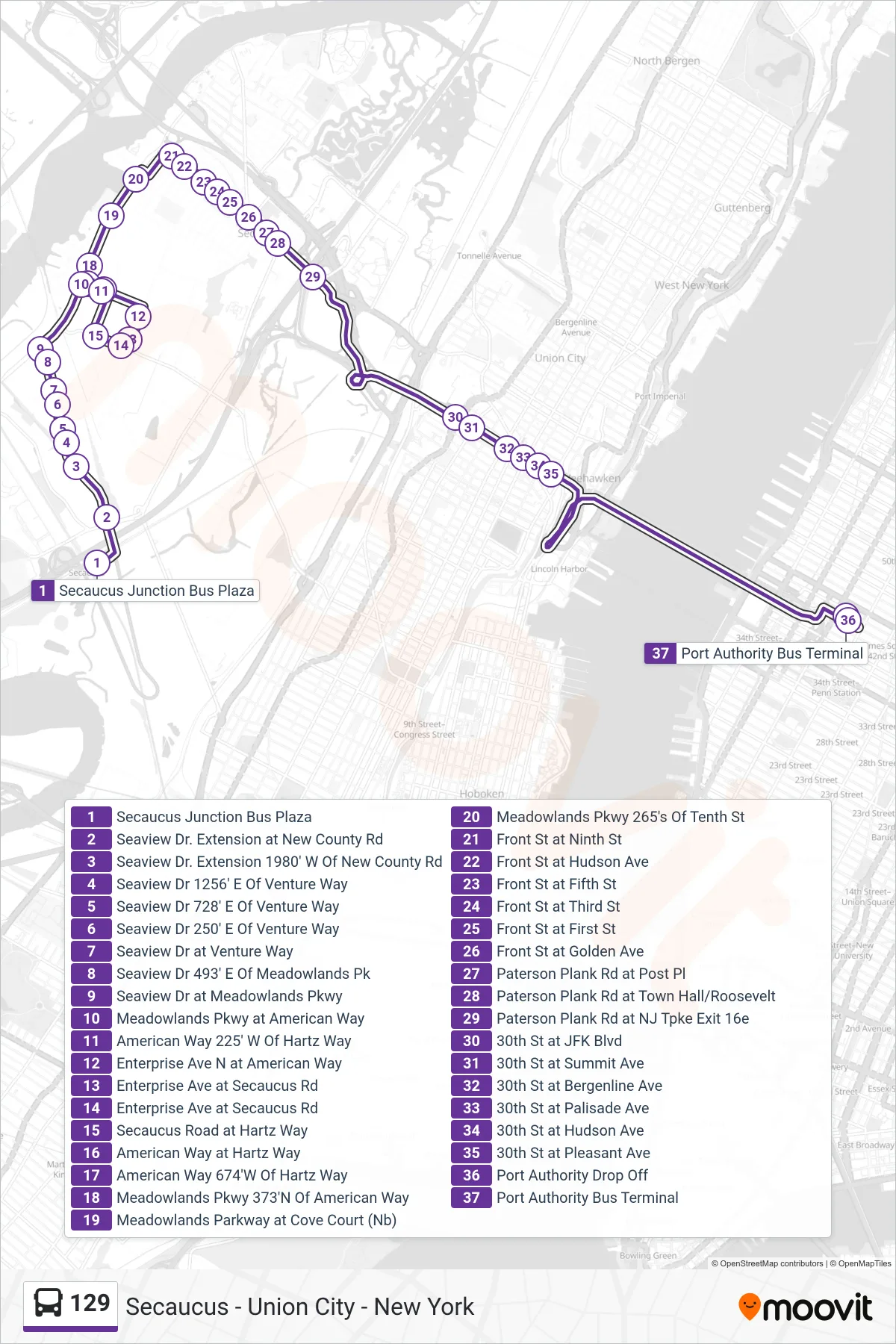 129 bus Line (New York Via Union City & Secaucus Plz) route and stops on a map