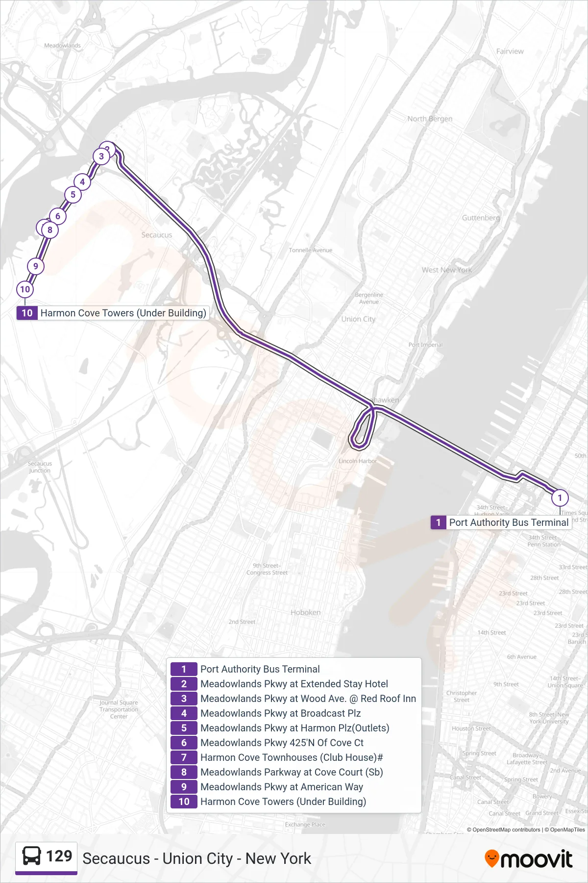 129 bus Line (X Secaucus Harmon Cove Express) route and stops on a map