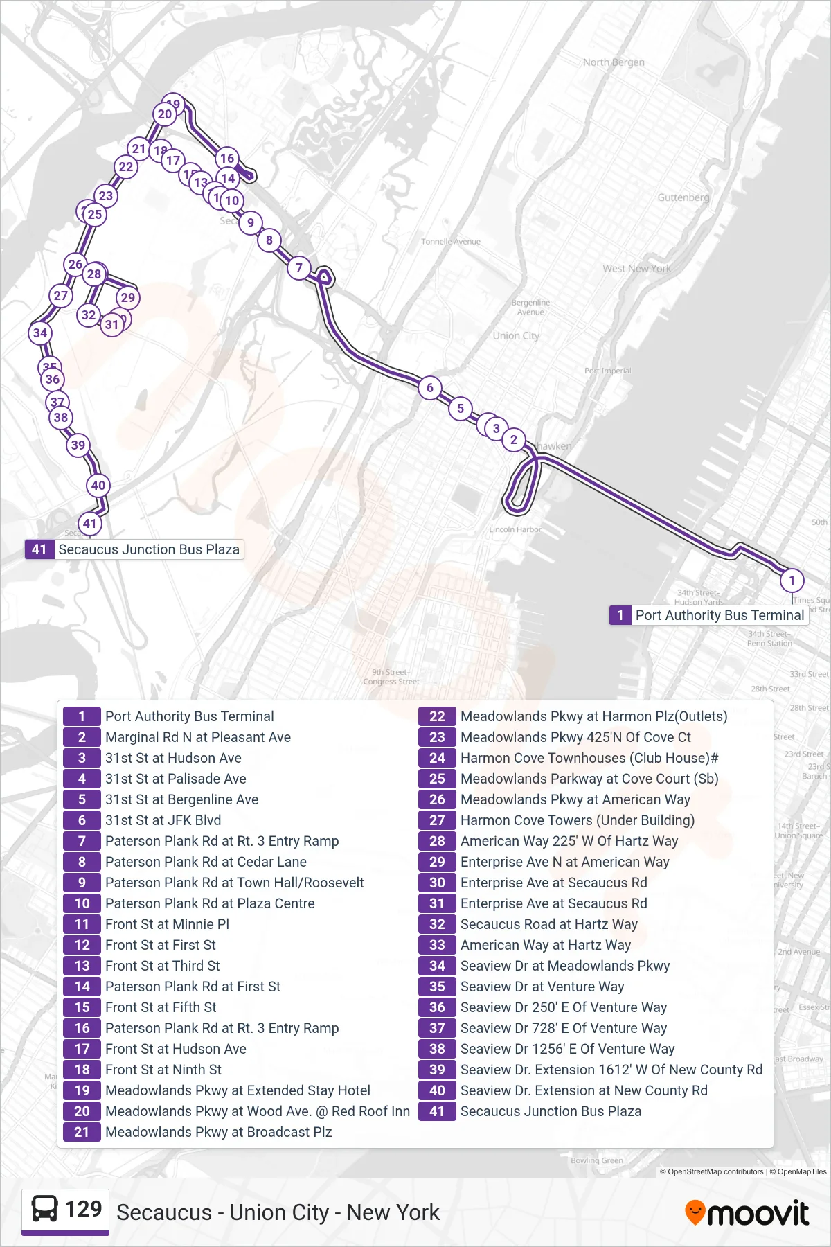 129 bus Line (Secaucus Junction) route and stops on a map