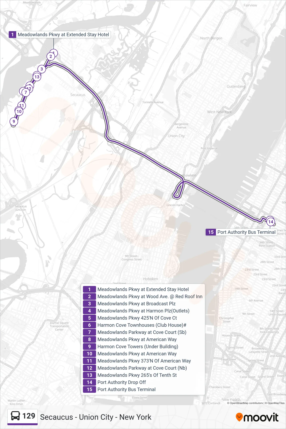 129 bus Line (X New York Express) route and stops on a map
