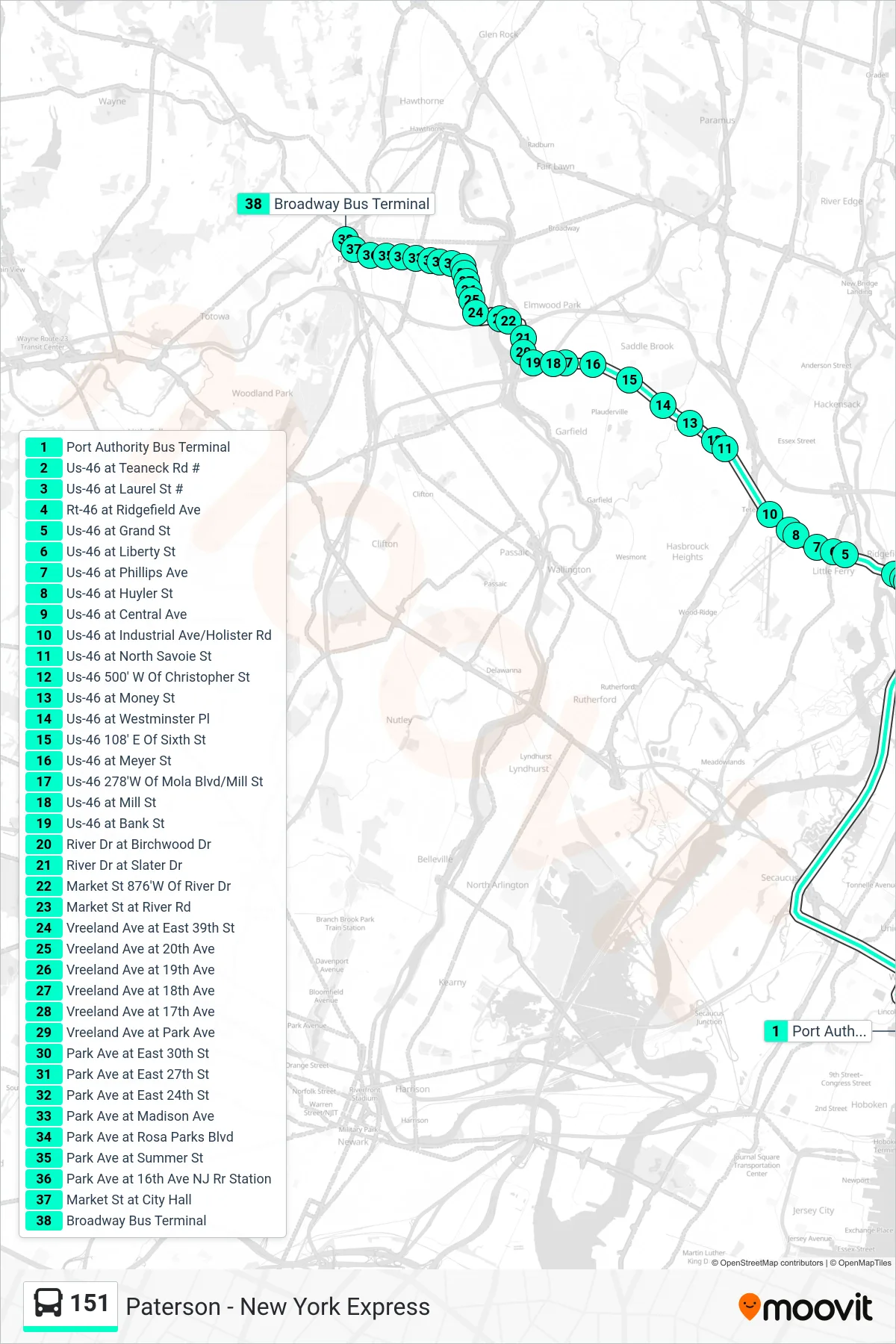 151 bus Line (T Paterson Express) route and stops on a map