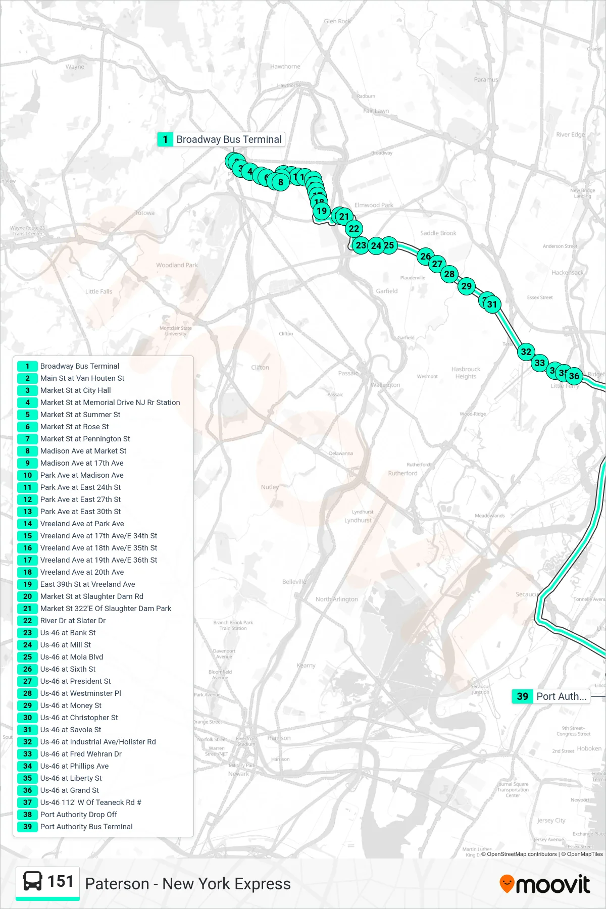 151 bus Line (T New York  Express) route and stops on a map