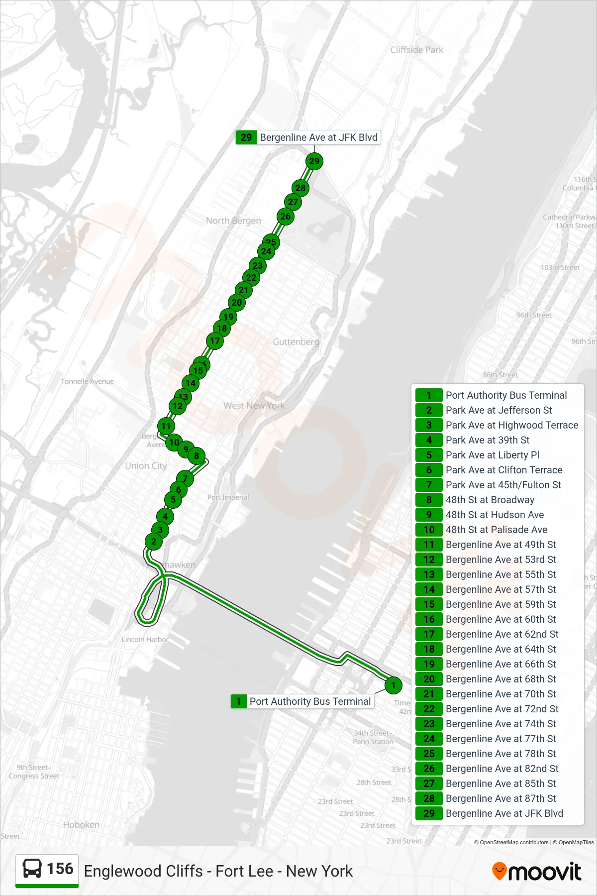156 bus Line (North Bergen 91st Street Via Park Ave) route and stops on a map