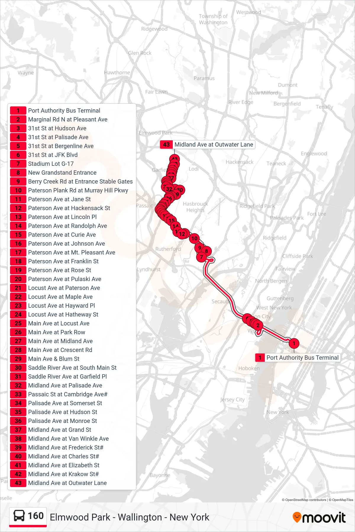 160 bus Line (Garfield Via  Meadowlands & Union City) route and stops on a map