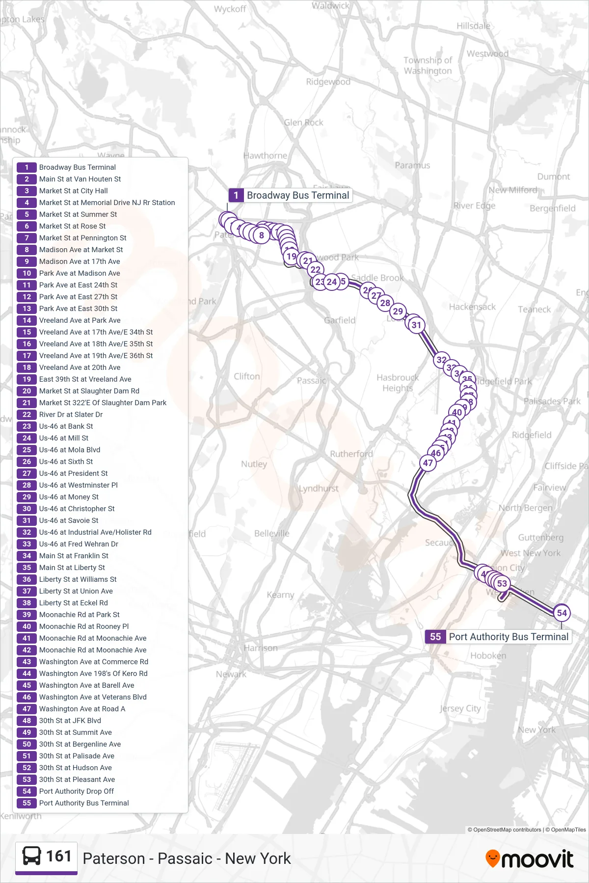 161 bus Line (New York Via Union City) route and stops on a map