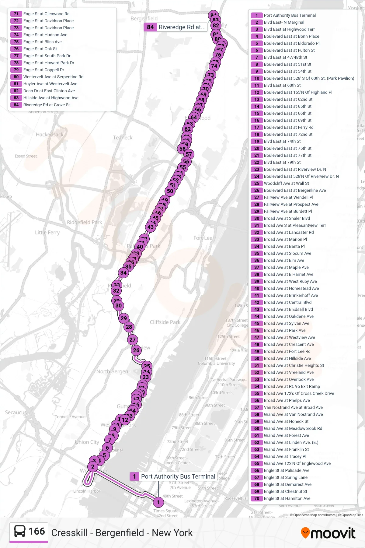 166 bus Line (Tenafly) route and stops on a map