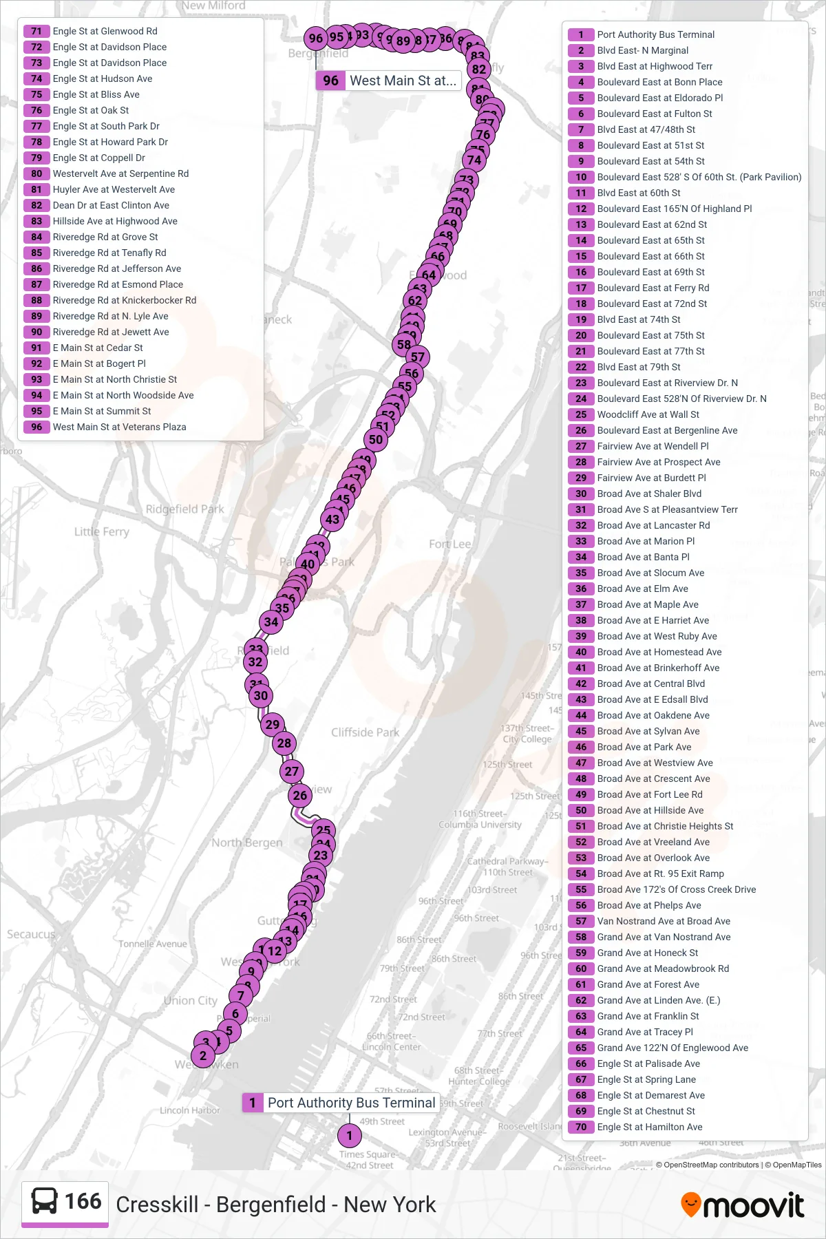 166 bus Line (Bergenfield) route and stops on a map