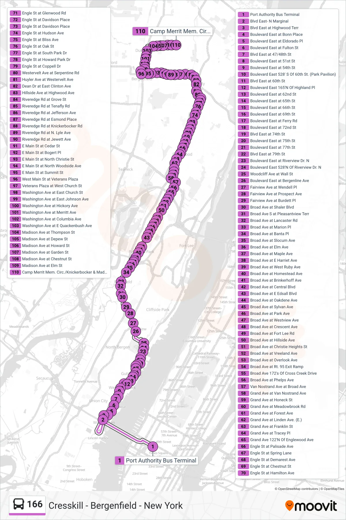 166 bus Line (Cresskill) route and stops on a map