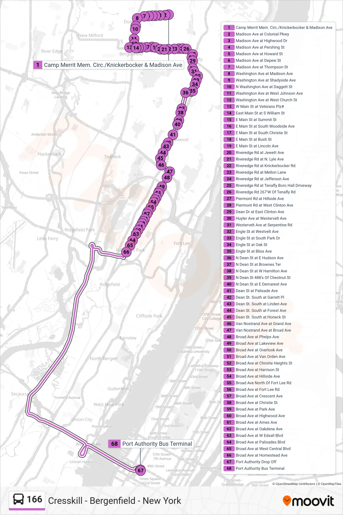 166 bus Line (T New York Turnpike Exp) route and stops on a map