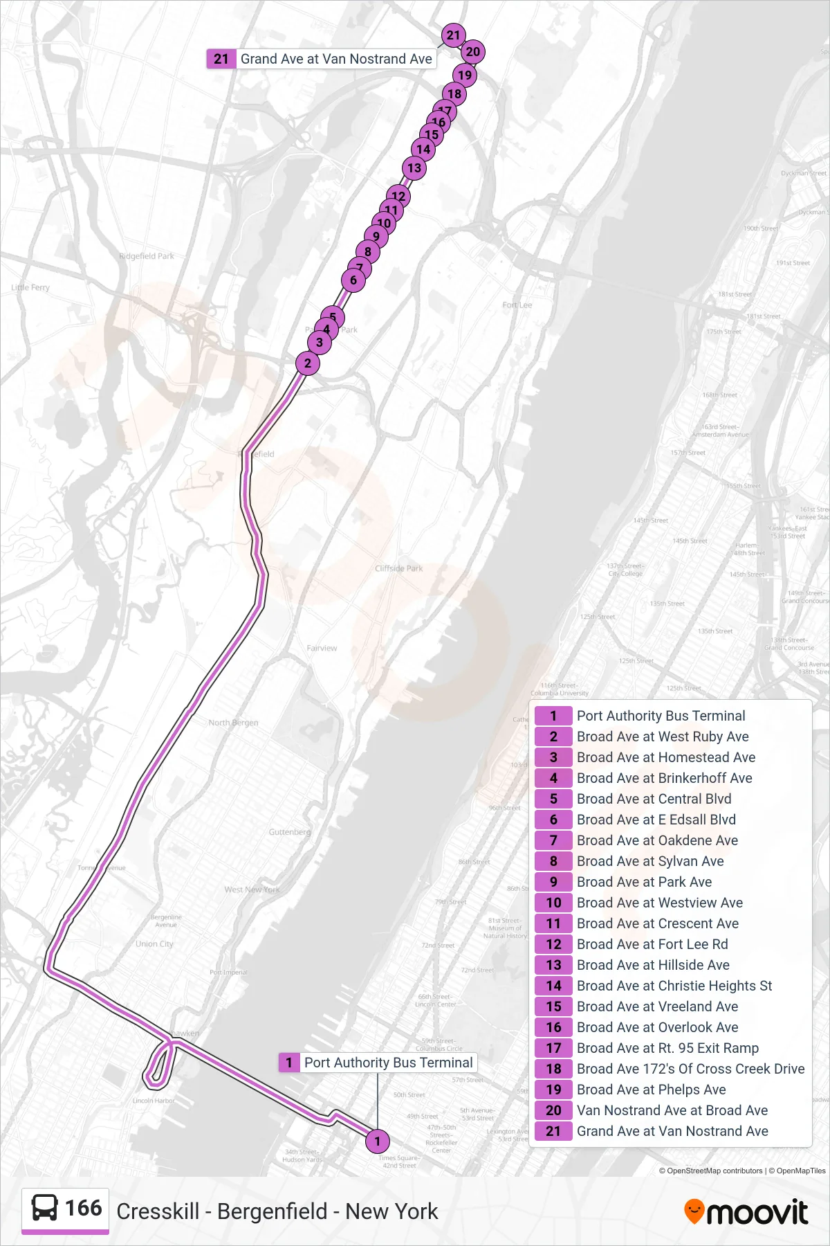 166 bus Line (T Turnpike Express Leonia) route and stops on a map