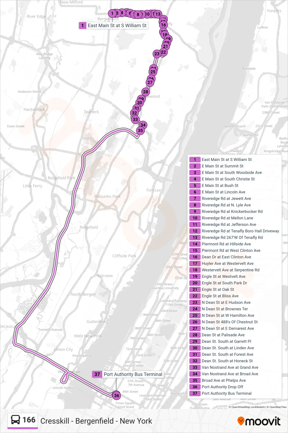 166 bus Line (X New York  I-95 Express) route and stops on a map