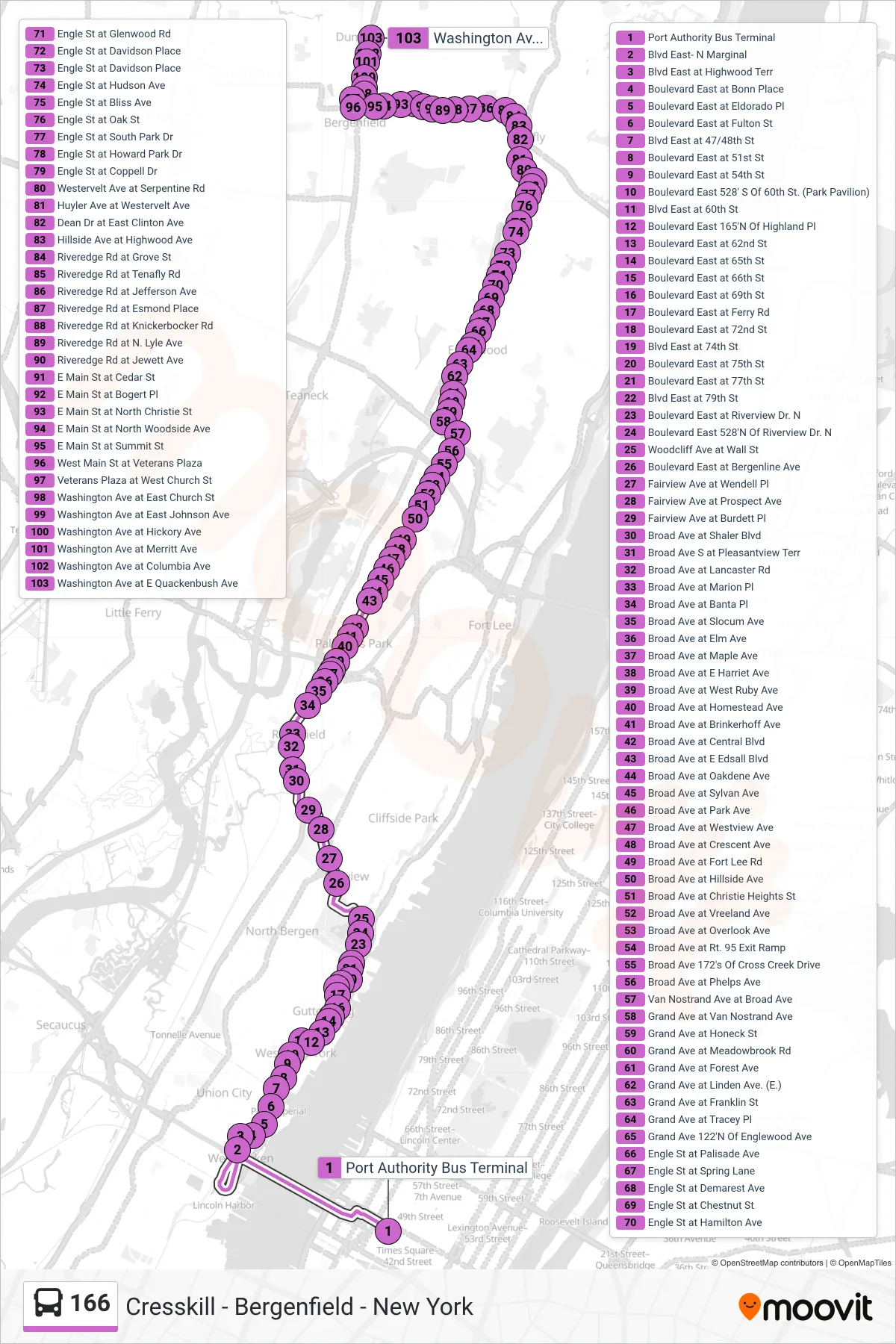 166 bus Line (Dumont) route and stops on a map
