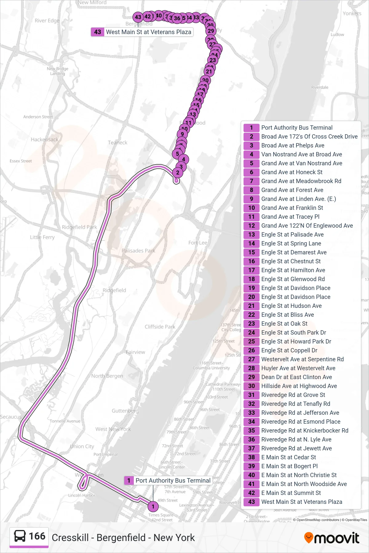 166 bus Line (X I-95 Express  Bergenfield) route and stops on a map