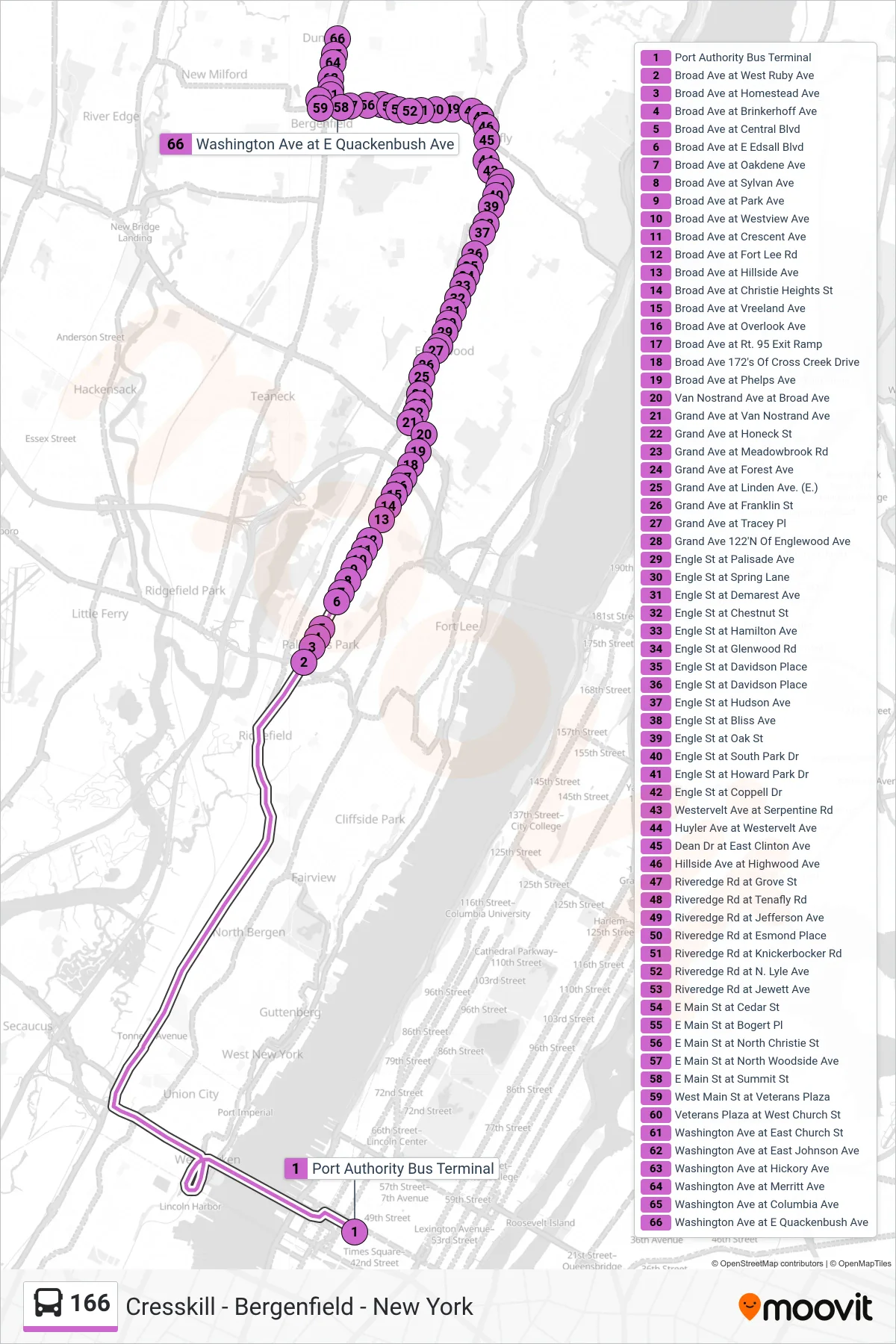 166 bus Line (T Turnpike Express Dumont) route and stops on a map