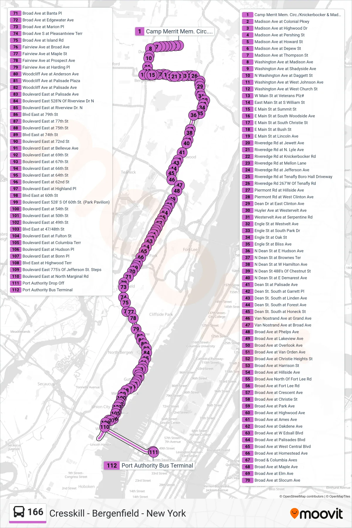 166 bus Line (New York Local Via Blvd East) route and stops on a map