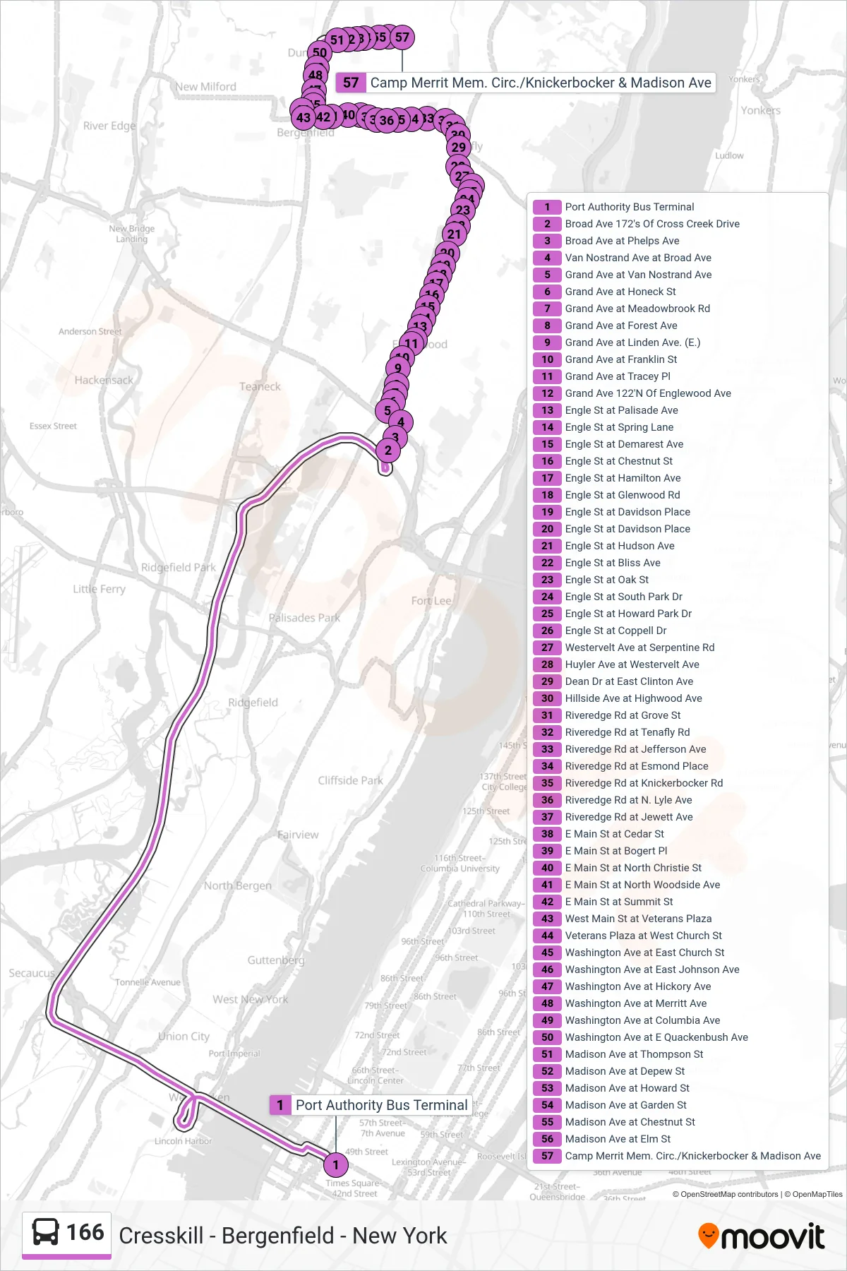 166 bus Line (X I-95 Express Cresskill) route and stops on a map