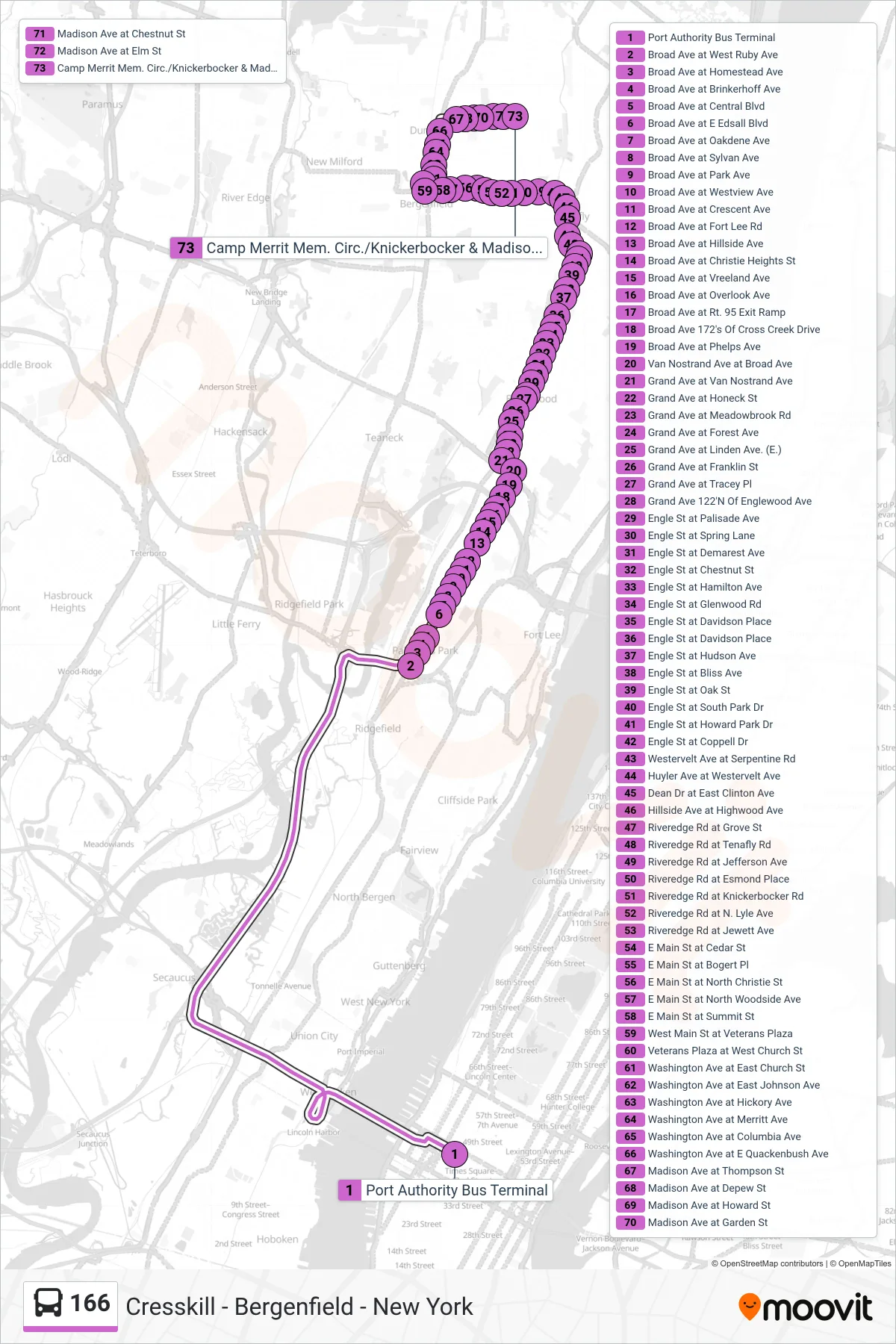 166 bus Line (T Turnpike Express Cresskill) route and stops on a map