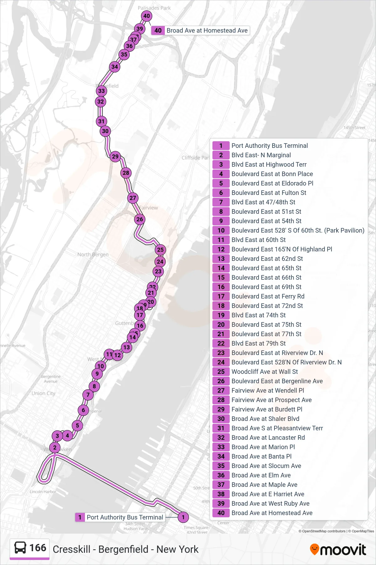 166 bus Line (Palisades Pk Homestead Av) route and stops on a map