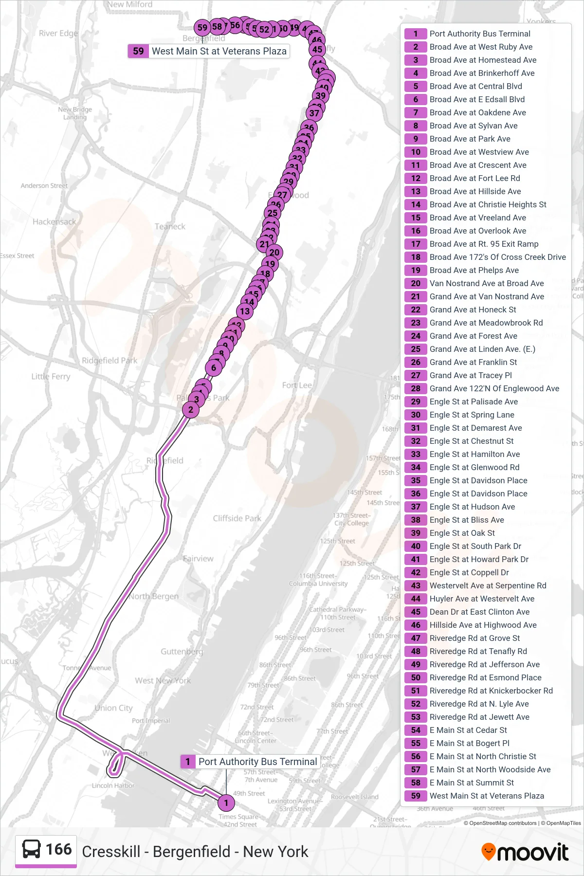 166 bus Line (T Turnpike Express Bergenfield) route and stops on a map