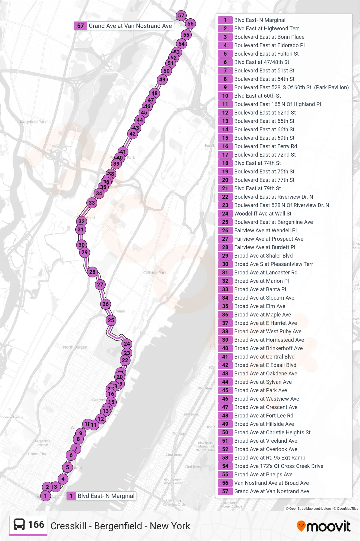 166 bus Line (Leonia) route and stops on a map