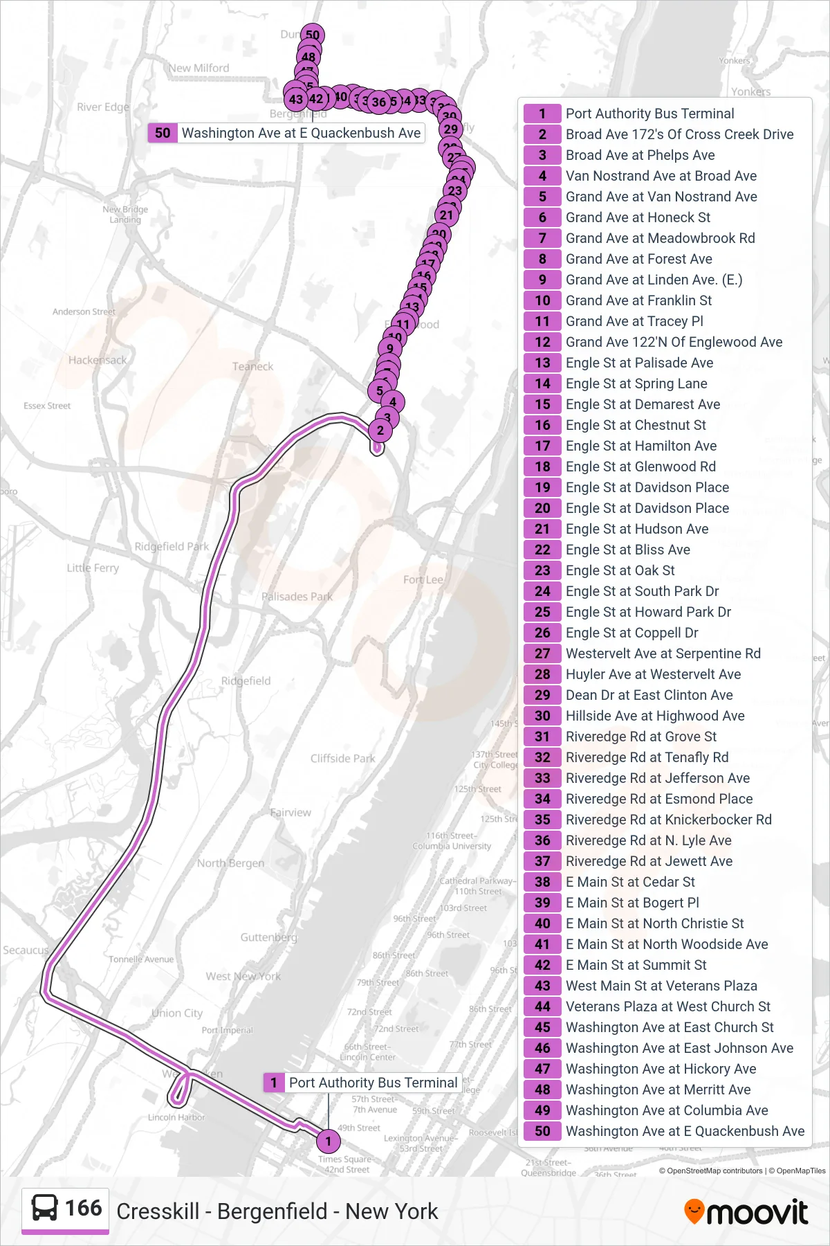 166 bus Line (X I-95 Express  Dumont) route and stops on a map