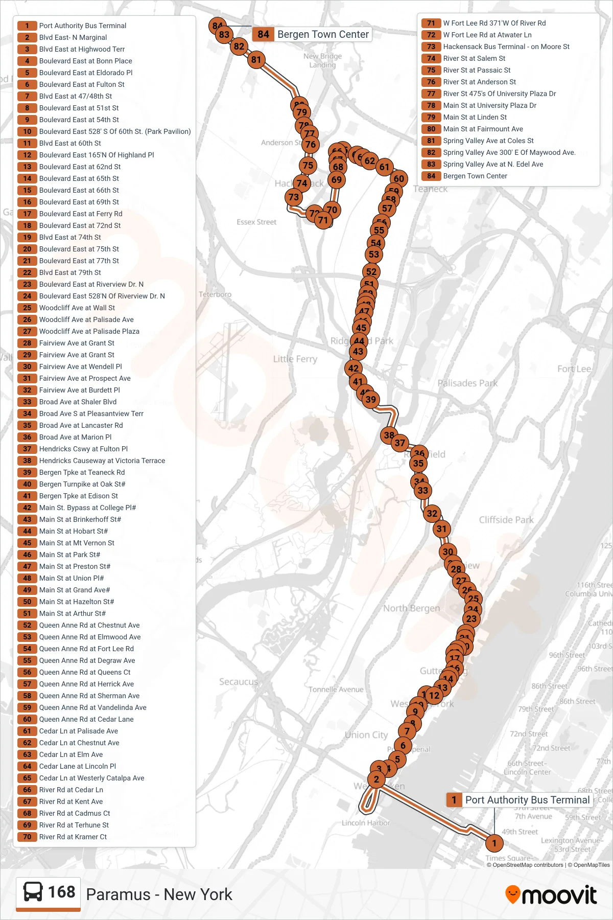 168 bus Line (Paramus Bergen Town Center) route and stops on a map