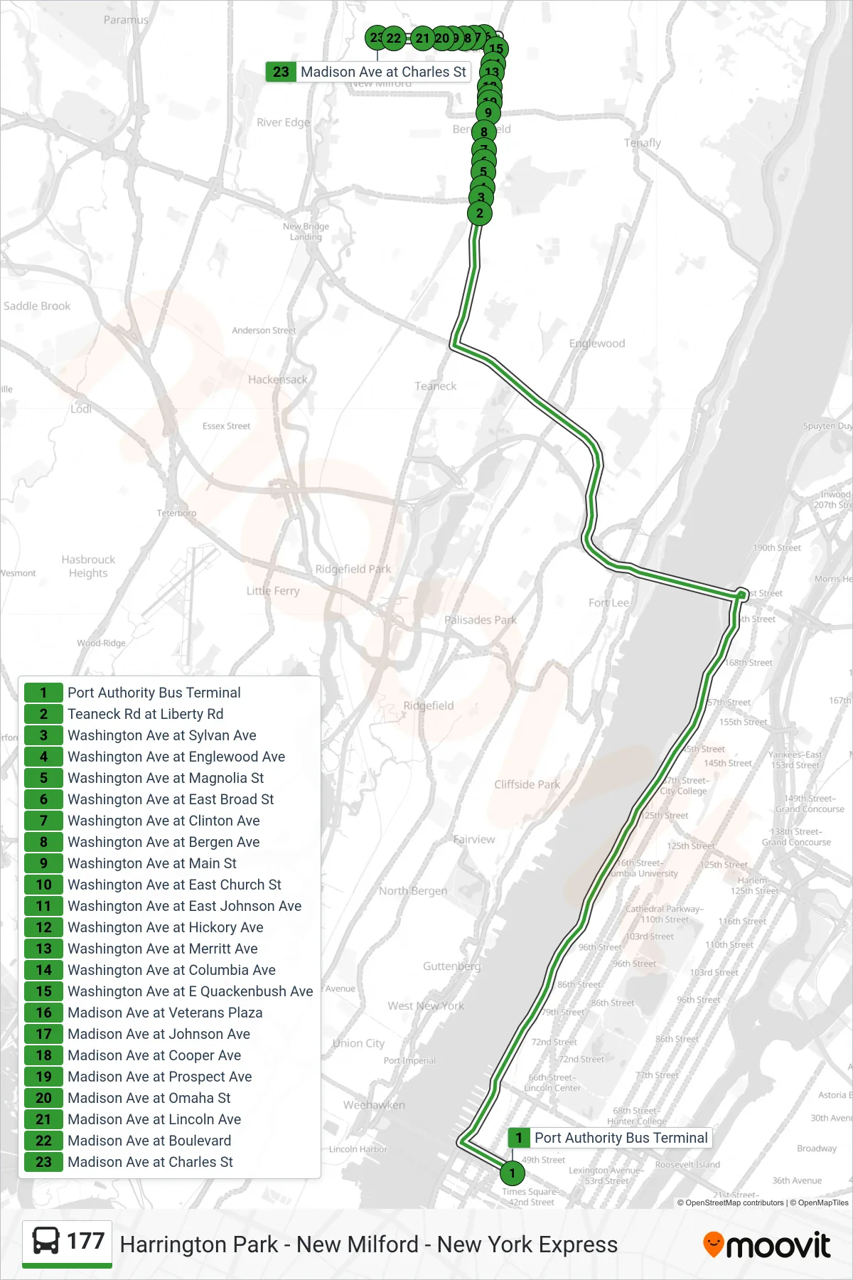 177 bus Line (X Armory Express New Milford) route and stops on a map