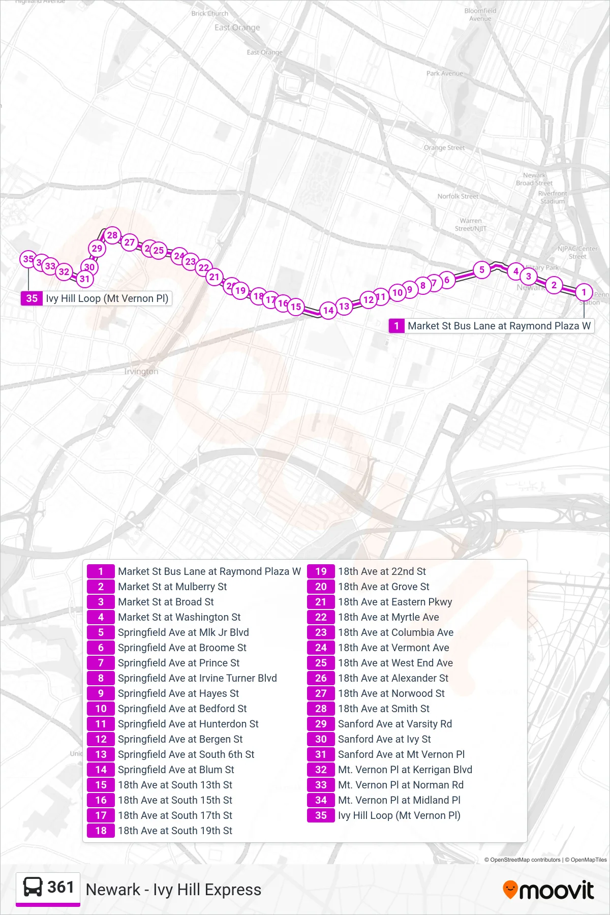 361 bus Line (Ivy Hill Express Express To 13th St) route and stops on a map