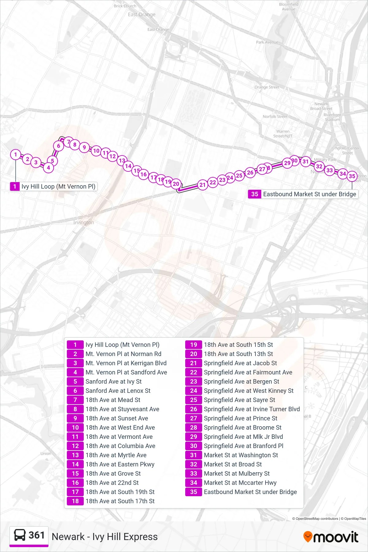 361 bus Line (Express Penn Station) route and stops on a map