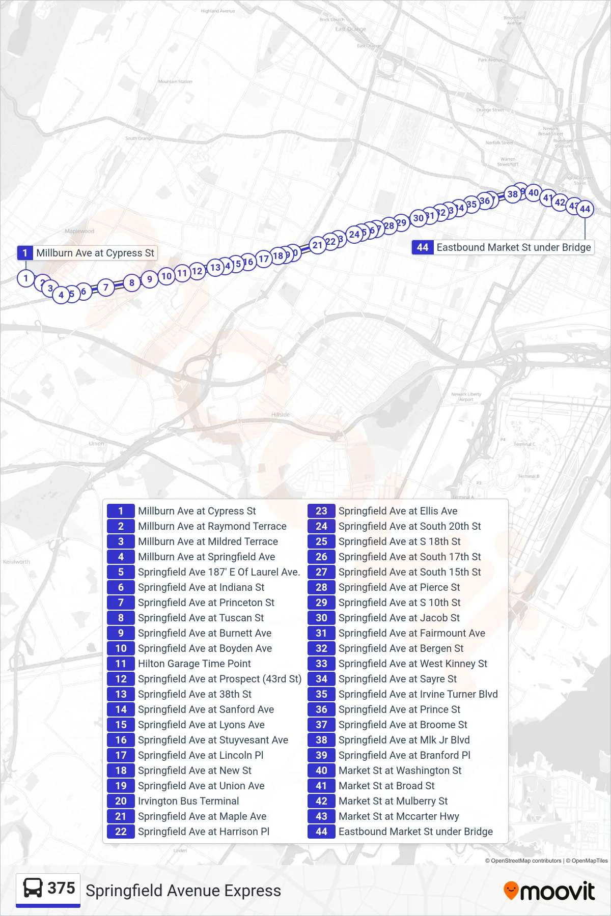 375 bus Line (Express Penn Station) route and stops on a map