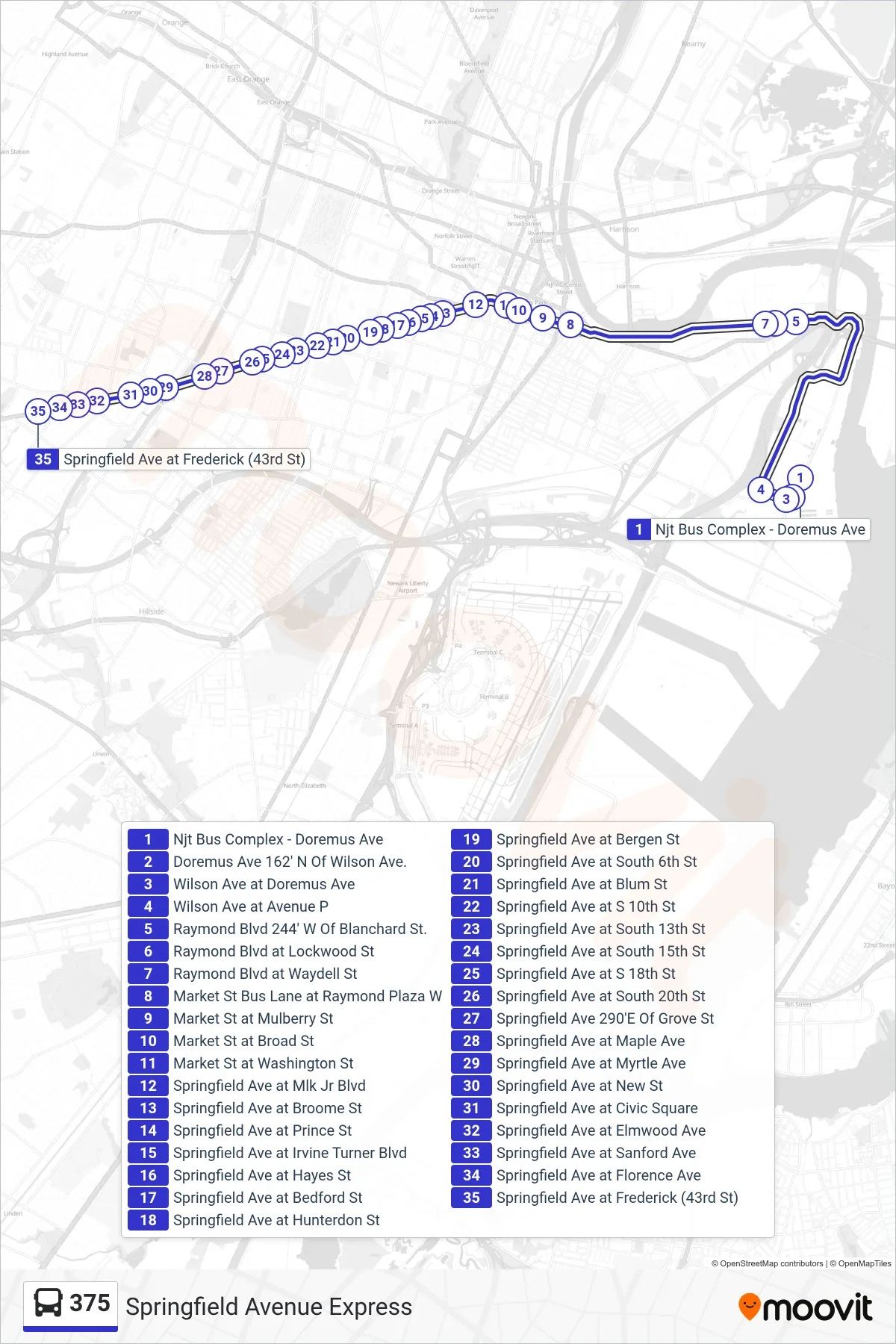 375 bus Line (Ave P Special Express 43 St) route and stops on a map