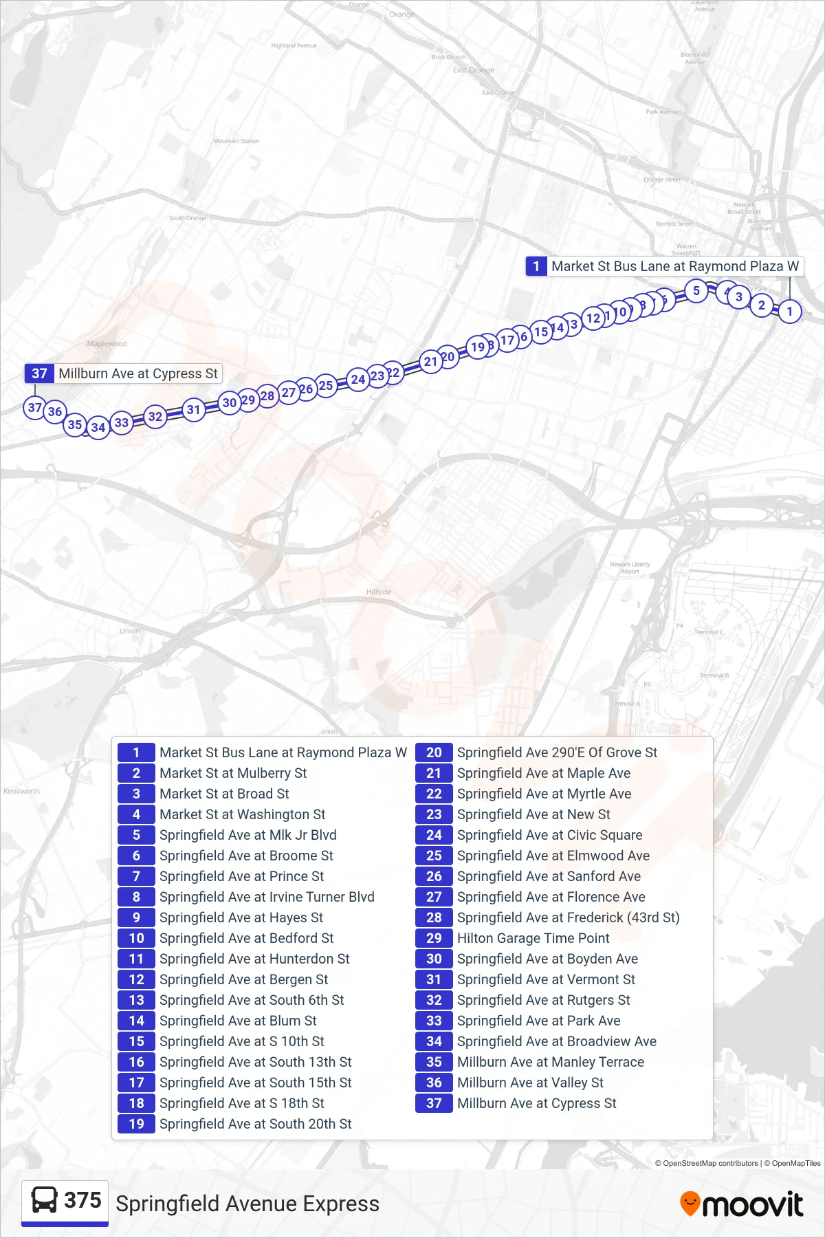 375 bus Line (Express Maplewood) route and stops on a map