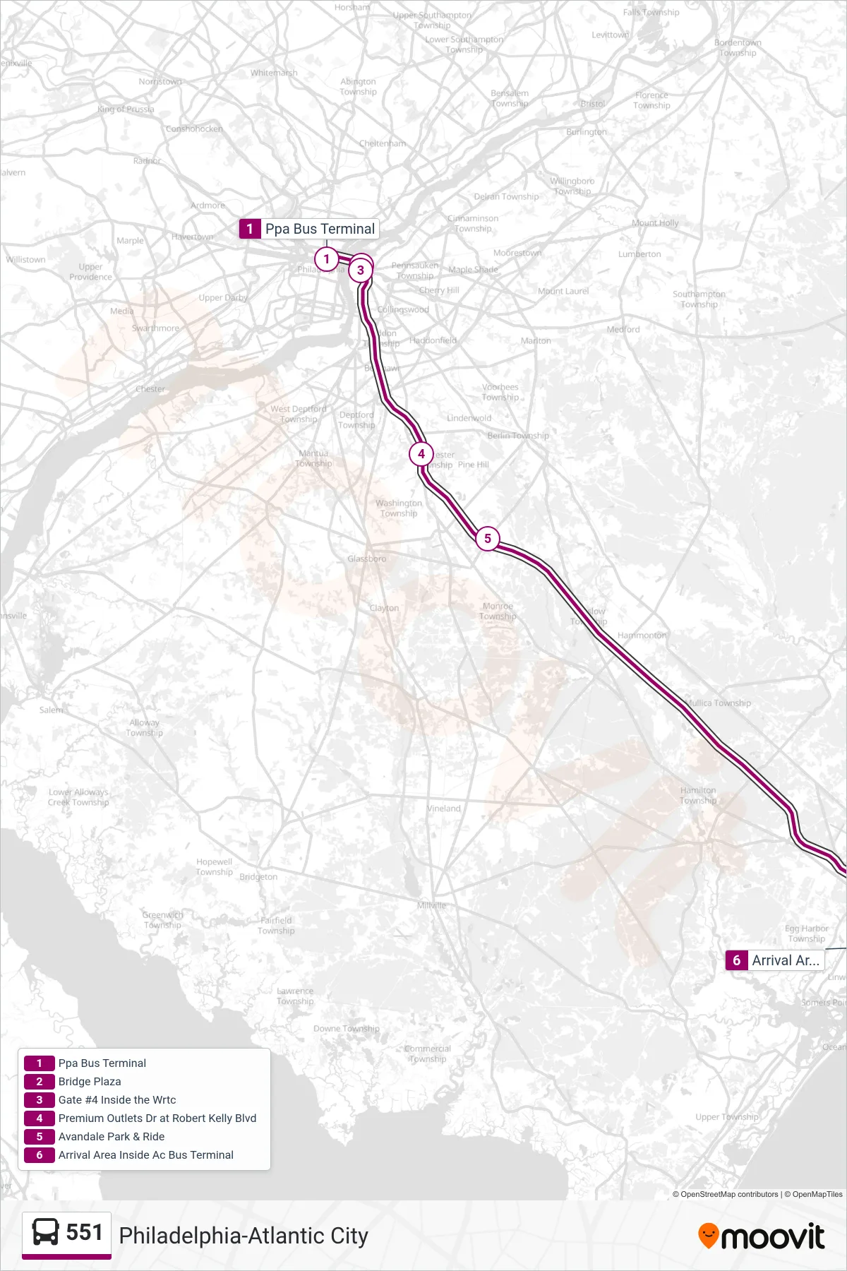 551 bus Line (Atlantic City Gp Outlets) route and stops on a map