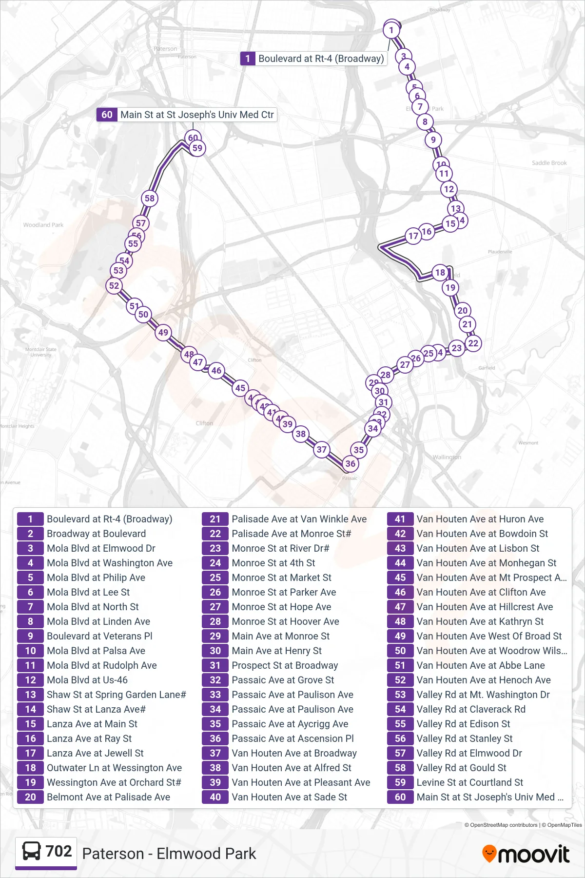 702 bus Line (Paterson Via Wessington) route and stops on a map