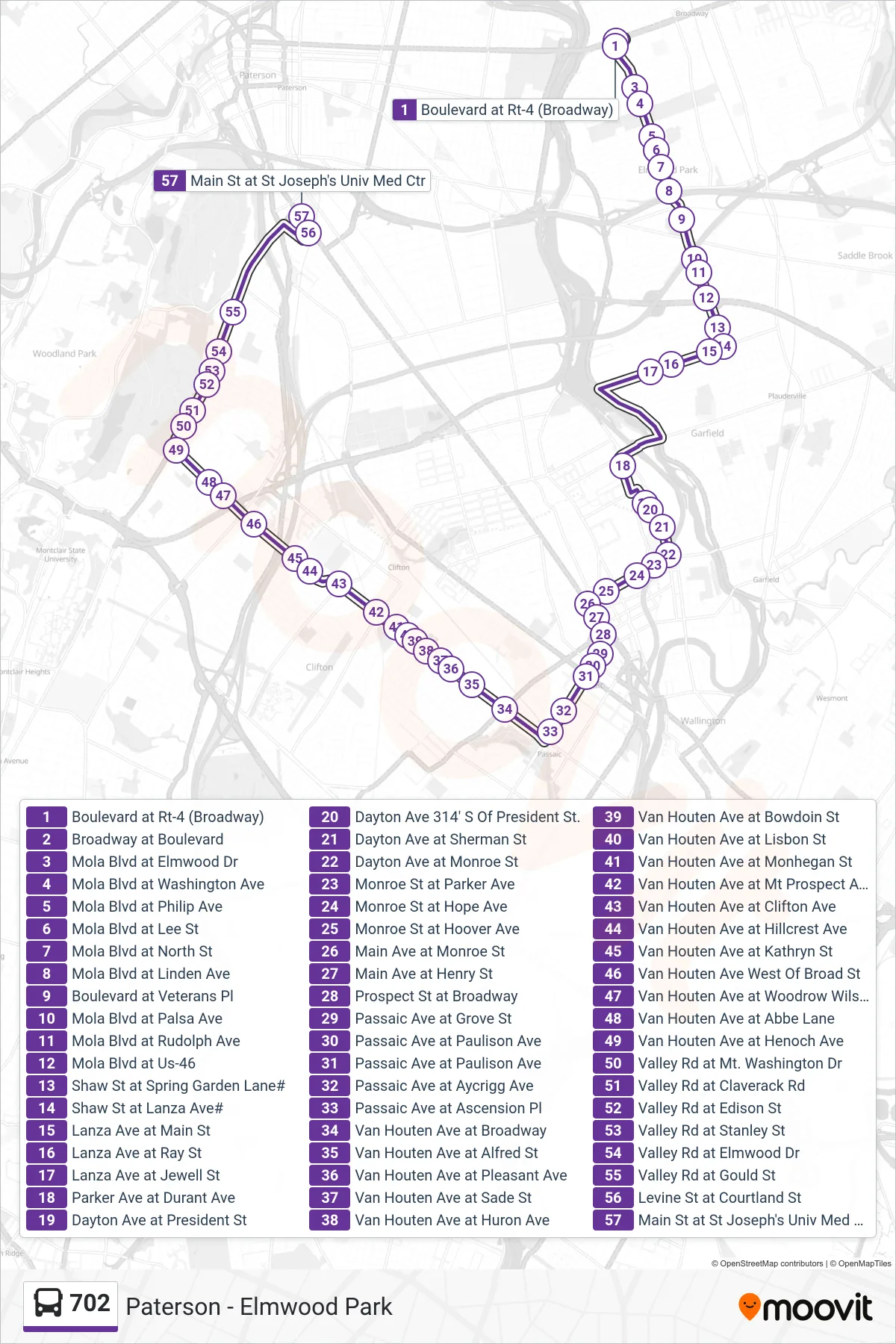 702 bus Line (Paterson Via Dayton Ave) route and stops on a map