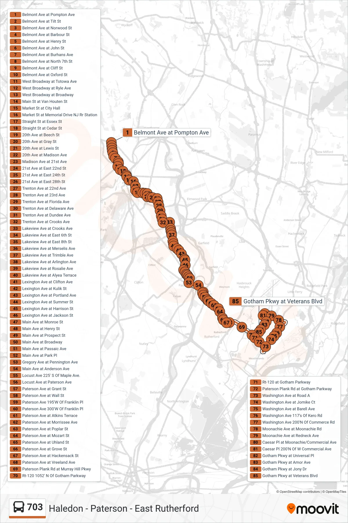 703 bus Line (Carlstadt Gotham Pkwy) route and stops on a map