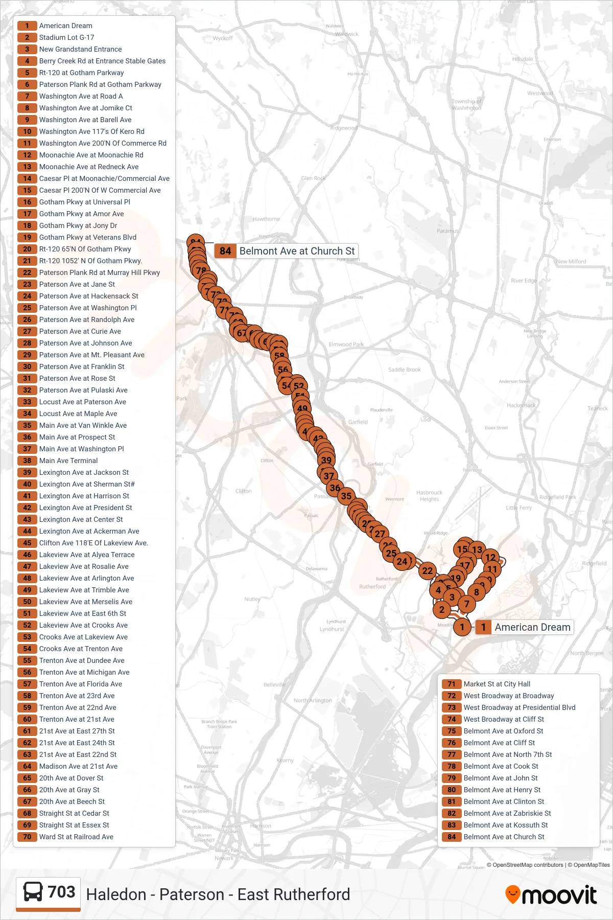 703 bus Line (Haledon) route and stops on a map
