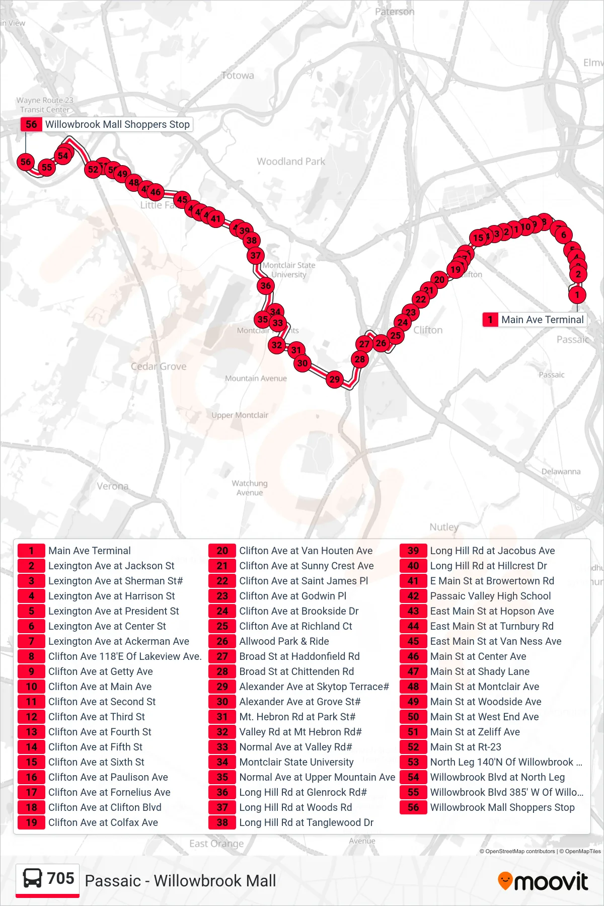 705 bus Line (Wayne Willowbrook) route and stops on a map