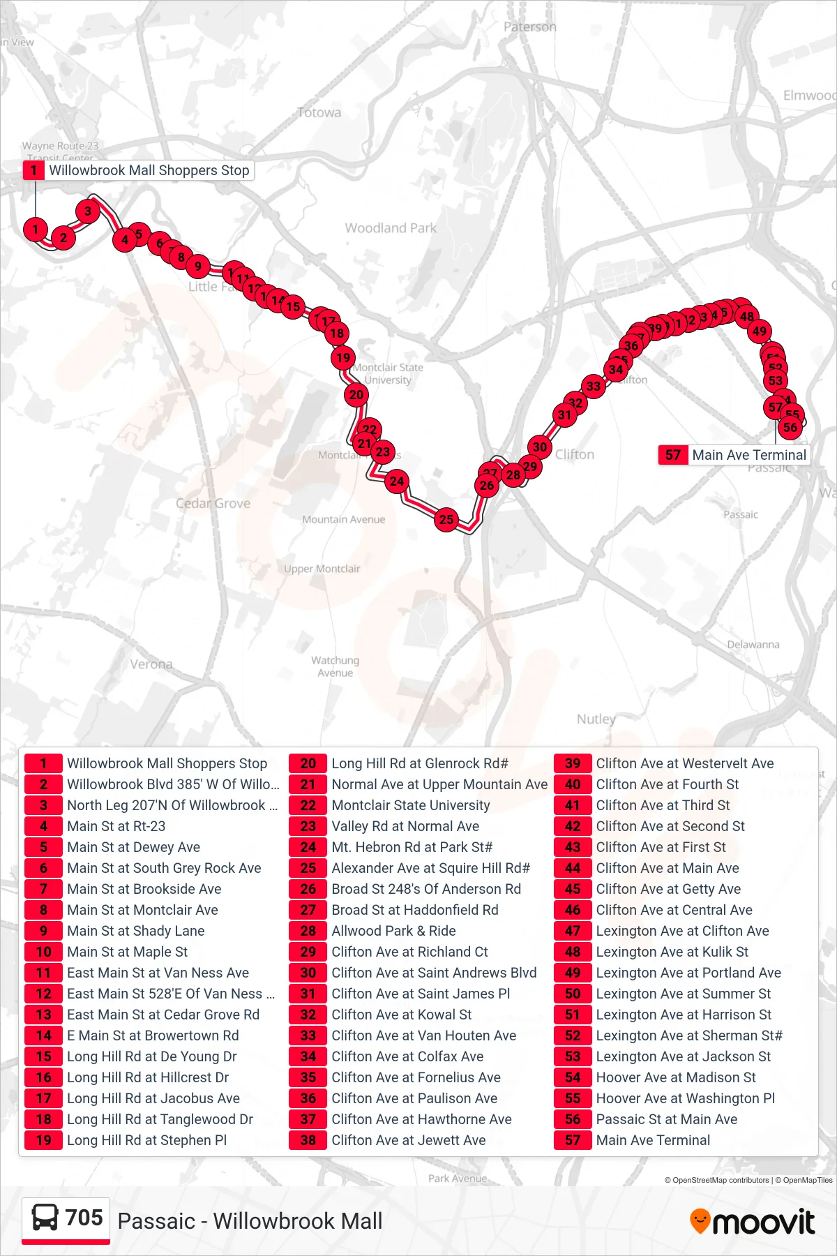 705 bus Line (Passaic Bus Terminal) route and stops on a map