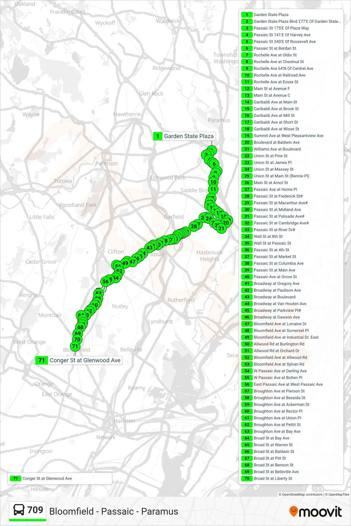 709 bus Line (Bloomfield) route and stops on a map