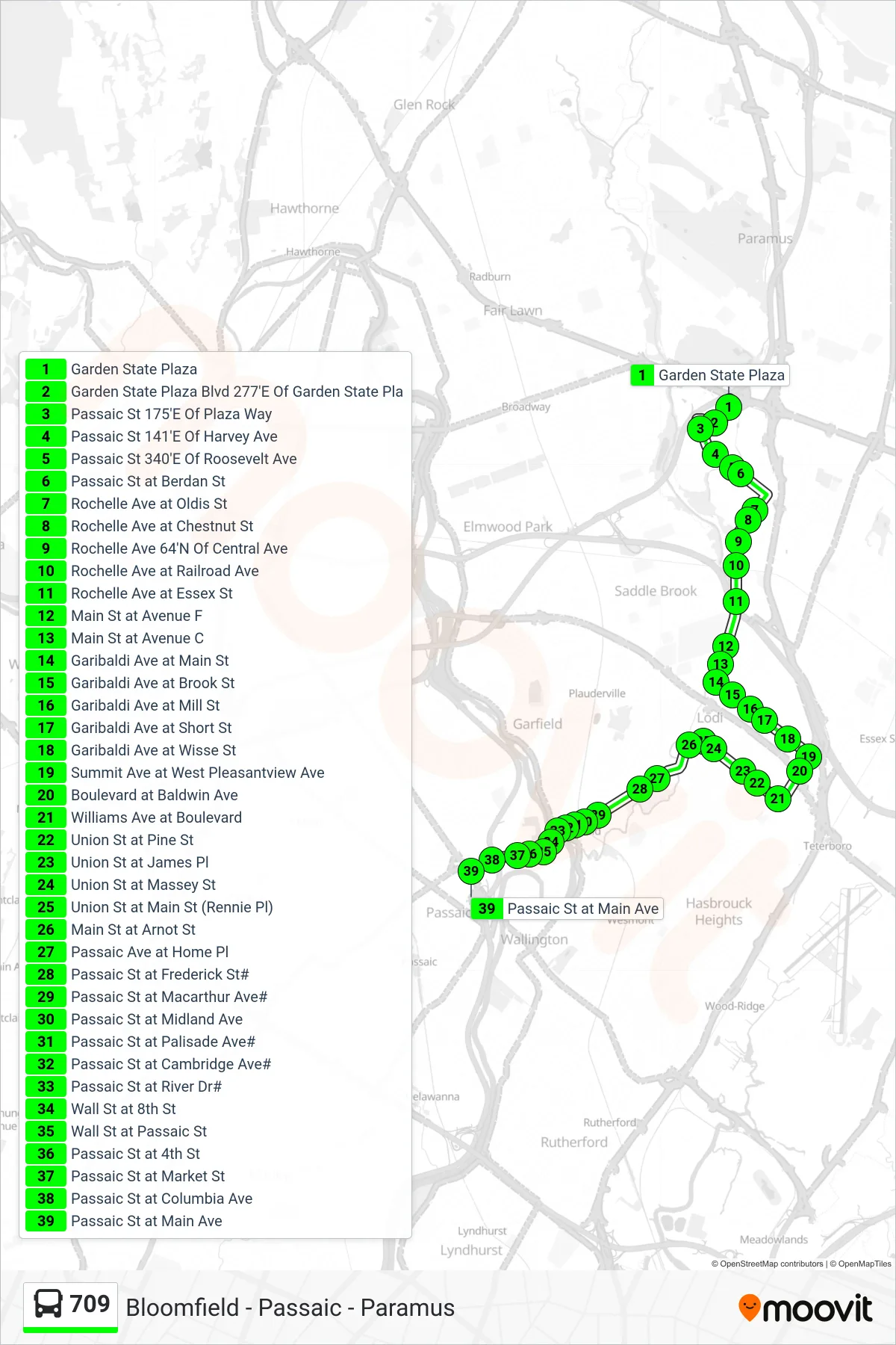 709 bus Line (Passaic Main Avenue) route and stops on a map